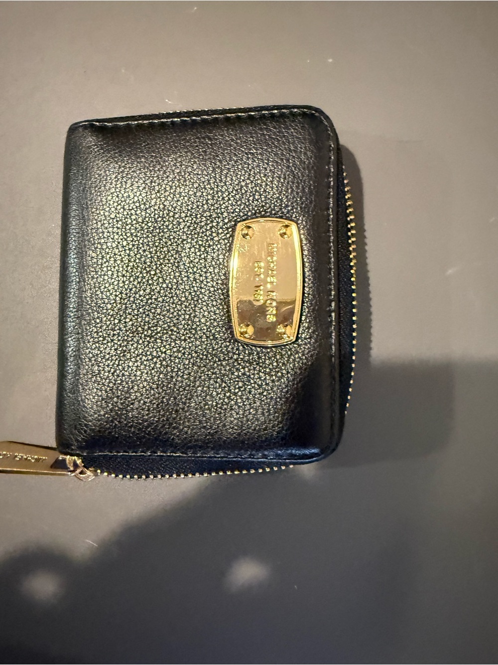Michael Kors Black Leather Zip Card & Key Holder with Gold Plaque